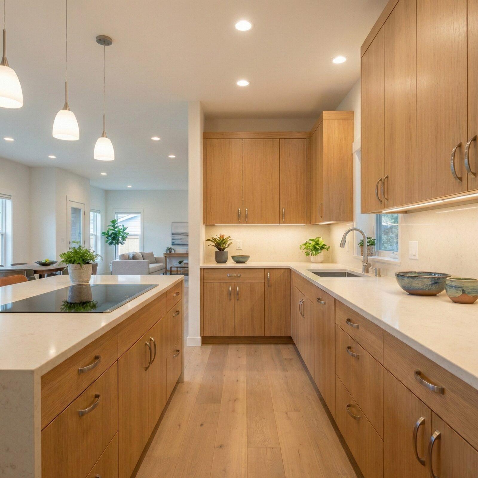 aging-in-place Kitchen High-end modern kitchen designed for aging in place, D-handle cabinet pulls, wide circulation clearance, induction cooktop, layered task lighting, natural wood cabinetry, quartz countertops, open layout, warm and inviting, realistic residential photography, no visible medical aids, subtle universal design for aging in place living