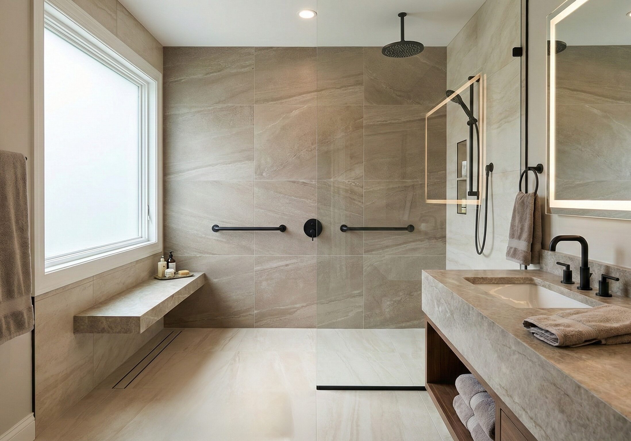 Luxury modern bathroom in New England home, curbless walk-in shower with linear drain, built-in shower bench, grab bars integrated into tile design, matte black hardware, large format tile, warm neutral tones, natural daylight from frosted window, high-end architectural photography, no hospital aesthetic for aging in place living