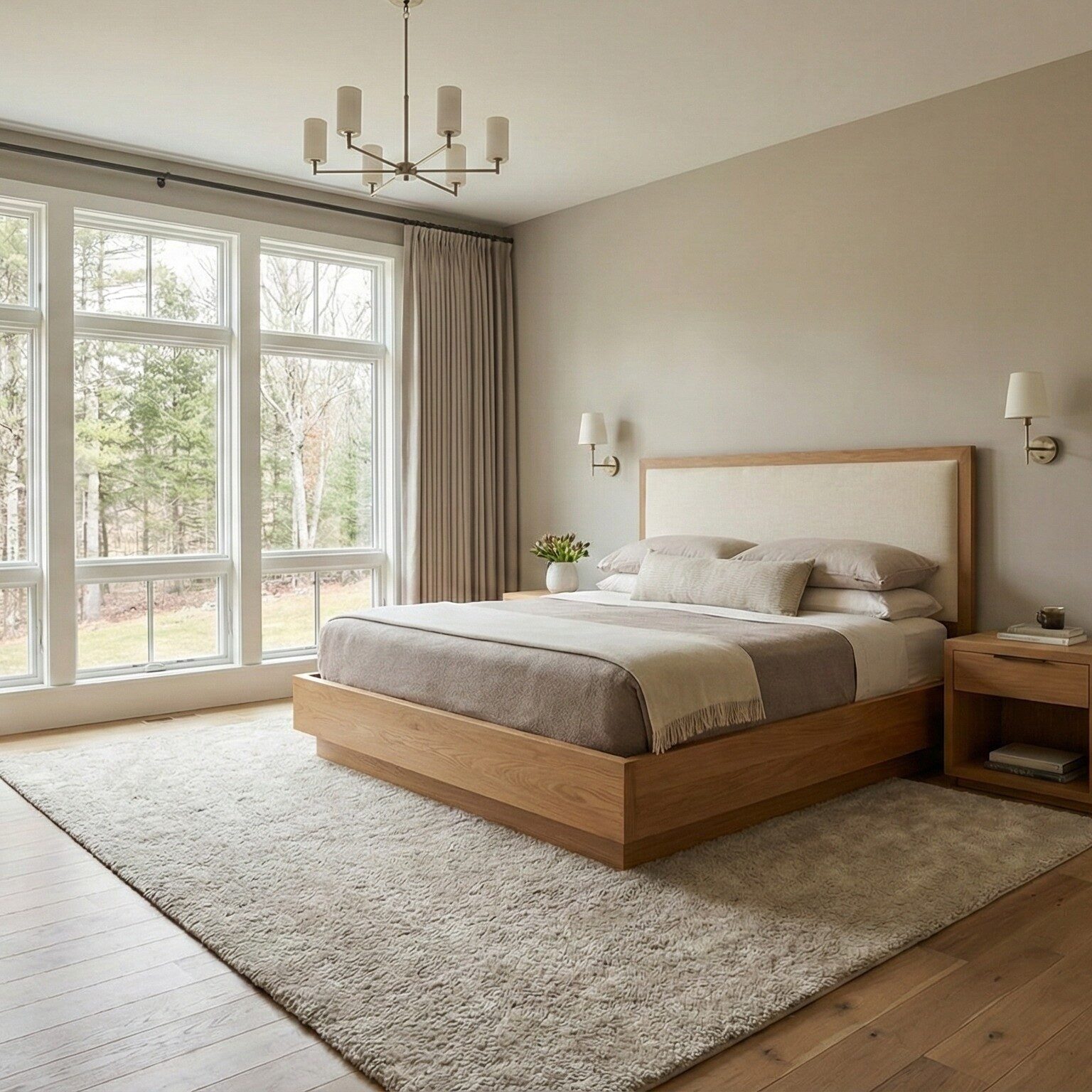 aging-in-place bedroom aging in place bedroom design - First-floor primary bedroom in modern New England home, wide circulation around bed, large windows, layered lighting, neutral tones, accessible yet elegant design, warm wood floors, realistic residential photography, high-performance home aesthetic