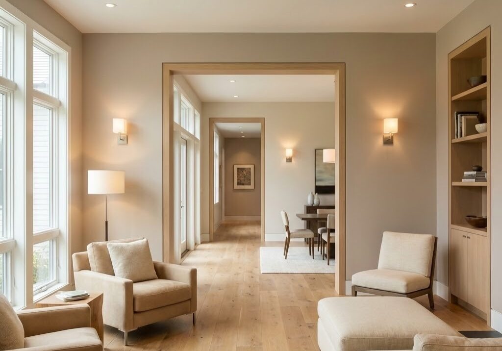 aging in place doorways - Bright modern living room in a high-performance New England home, wide 36-inch doorway openings, open circulation path, layered lighting for aging eyes, clean trim details, natural daylight, minimalist design, warm neutral palette, architectural photography, realistic, no medical equipment visible
