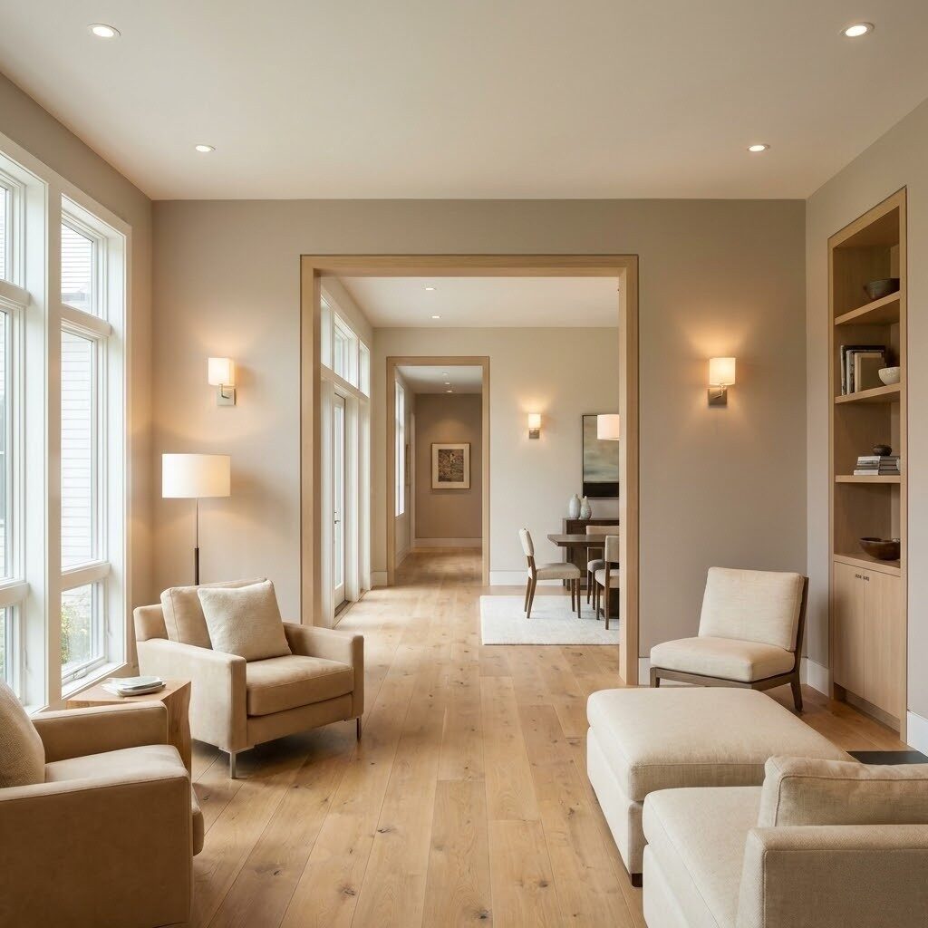 aging in place doorways - Bright modern living room in a high-performance New England home, wide 36-inch doorway openings, open circulation path, layered lighting for aging eyes, clean trim details, natural daylight, minimalist design, warm neutral palette, architectural photography, realistic, no medical equipment visible