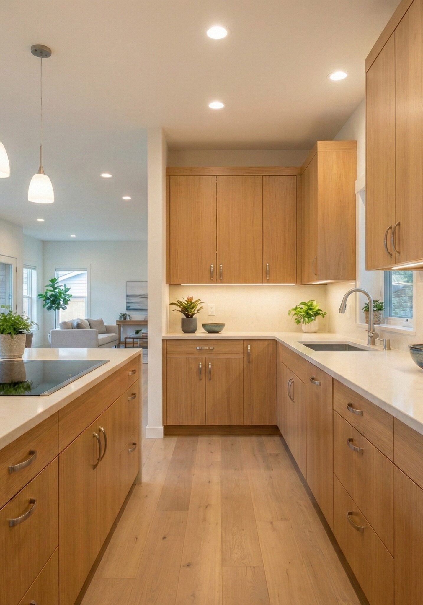 High-end modern kitchen designed for aging in place, D-handle cabinet pulls, wide circulation clearance, induction cooktop, layered task lighting, natural wood cabinetry, quartz countertops, open layout, warm and inviting, realistic residential photography, no visible medical aids, subtle universal design for aging in place living